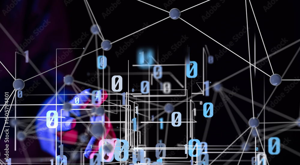 Poster Global network. Blockchain. 3D illustration. Neural networks and artificial intelligence. Abstract