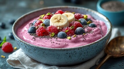 Berry smoothie bowl topped with fresh fruit and seeds