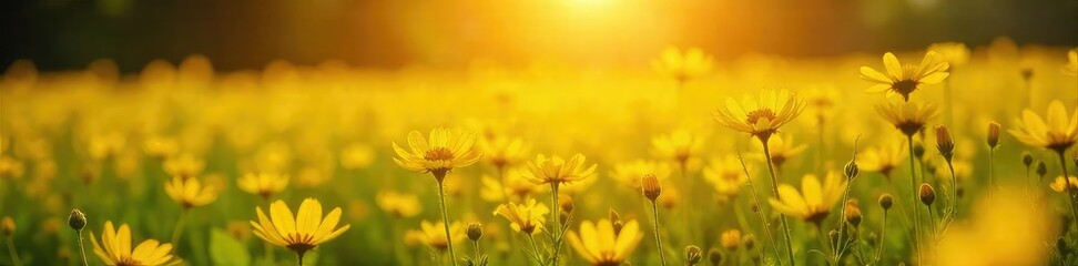 Fototapeta premium Sun-drenched field of bright yellow wildflowers, bathed in golden light, radiating serenity and spiritual energy A sense of peace and sacredness pervades the scene , nature, divine, rays
