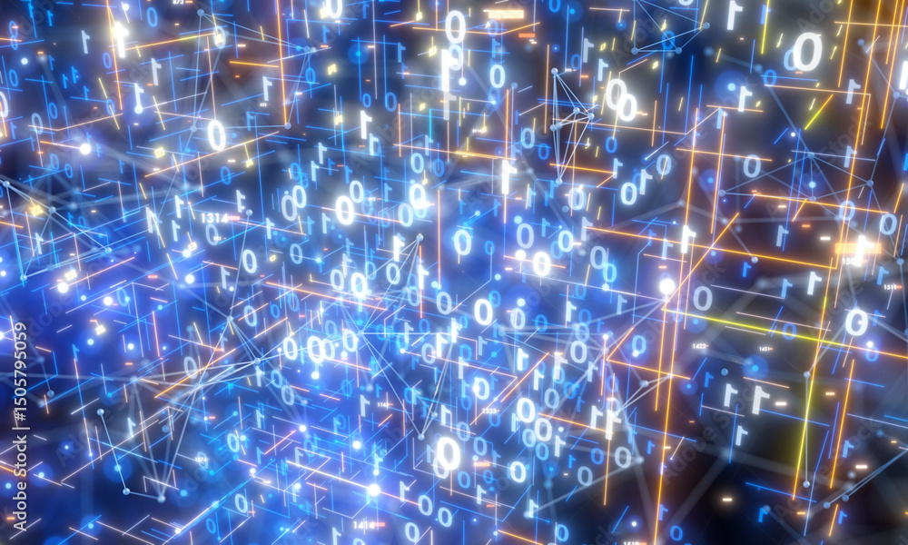 Poster Neural network 3D illustration. Big data and cybersecurity