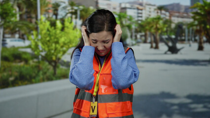 Woman in orange vest covers ears from noise on busy street with green trees in the background,...