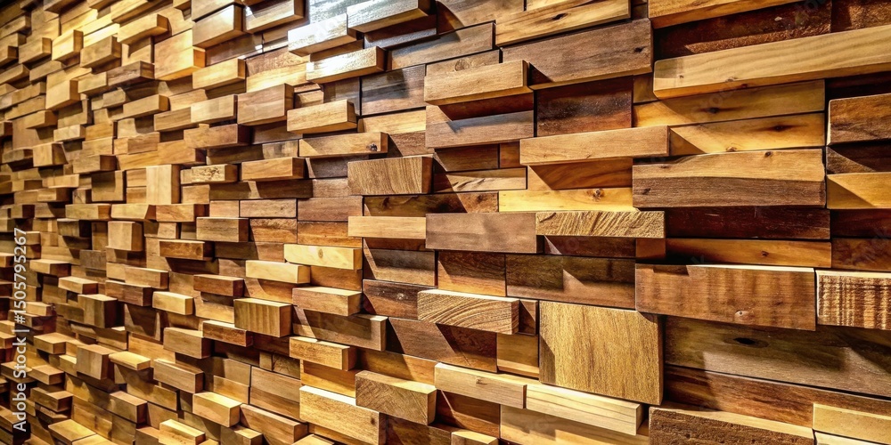 Aufkleber A wall composed of irregularly sized and shaped wooden blocks, creating a textured and dynamic surface.