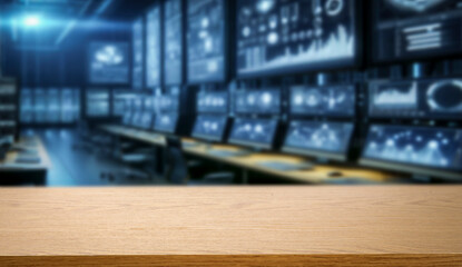 Computer network server room. Wooden deck or table with blurred view of an electronics factory. Great for high-tech product promotion, manufacturing, or industrial design themes.
