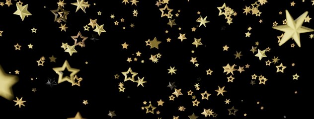 Sparkling gold stars on a black backdrop. Ideal for celebration, holidays, or luxury themes.