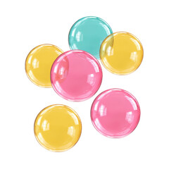 Colorful translucent bubbles in pastel shades of pink, yellow, and blue float against transparency background, creating playful and whimsical atmosphere