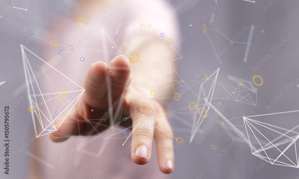 Poster Abstract image of a hand reaching towards a network of interconnected nodes, representing connectivity and data.
