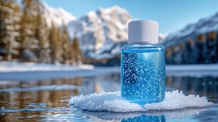 Blue skincare product on snow, winter landscape