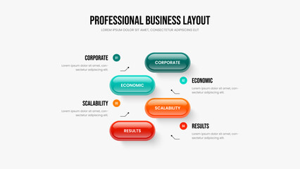 Business Visualization Slide Template Vector Illustration. Market Launch Four Element Diagram Presentation Layout. Visual Strategy 4 Step Infographic Slideshow Design.