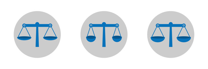 Scale icons set. Scales of justice, vintage scale in balance and equilibrium, libra.