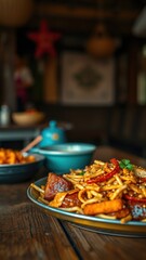 Fototapeta premium Delicious Plate of Fries Sausage and Peppers in a Rustic Setting
