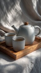 Minimalist ceramic teapot and cup on wooden tray, warm sunlight and linen tablecloth, tranquil lifestyle aesthetic