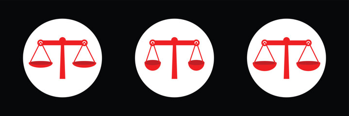 Scale icons set. Scales of justice, vintage scale in balance and equilibrium, libra.