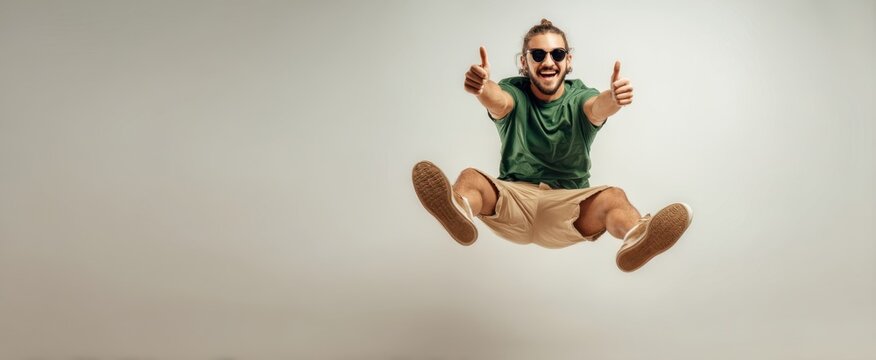The joyful man jumping with excitement and giving thumbs up in a studio.
