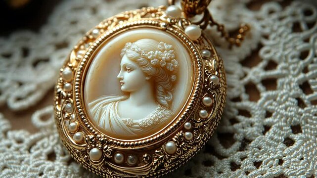 Oval cameo locket pendant with gold frame, pearl accents, and classical woman profile