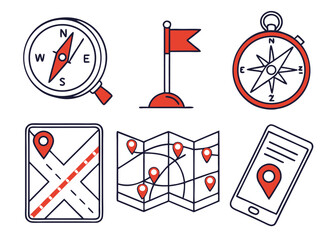 Navigation and Map Line Icons – GPS, Direction, and Location Symbols