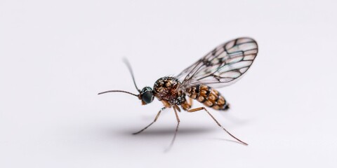 Close-up of a small insect with translucent wings and patterned body.