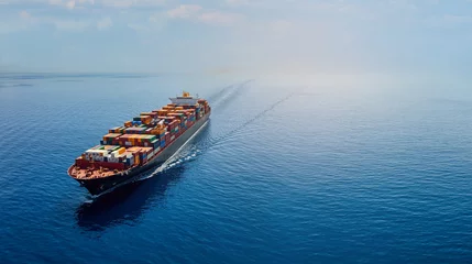 Fotobehang Tropisch Strand Aerial panorama of a cargo ship carrying container for import and export, business logistic and transportation in open sea with copy space   © Mina