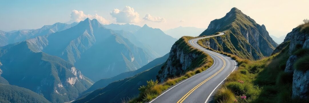 A winding road ascending a mountain, symbolizing the journey and progress of a career path Aspiring, achievement, growth, and success are visually represented , destination, goal