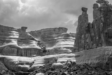 Rock formations during a rain shower, Arches National Park, Moab, Utah, USA