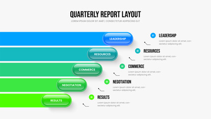Obraz premium Modern Campaign 5 Option Infographic Presentation Template. Creative Showcase Frame Design Vector Illustration. Consulting Planning Five Step Diagram Slide Layout.