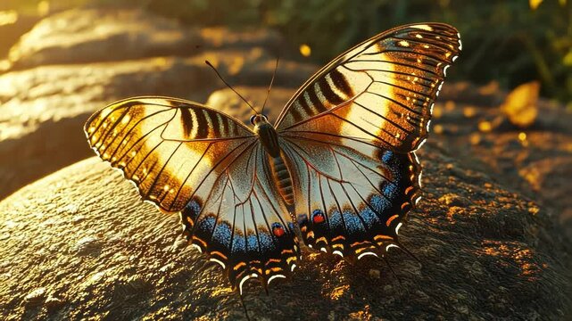 A vibrant butterfly basking in the warm sunlight on a rock.