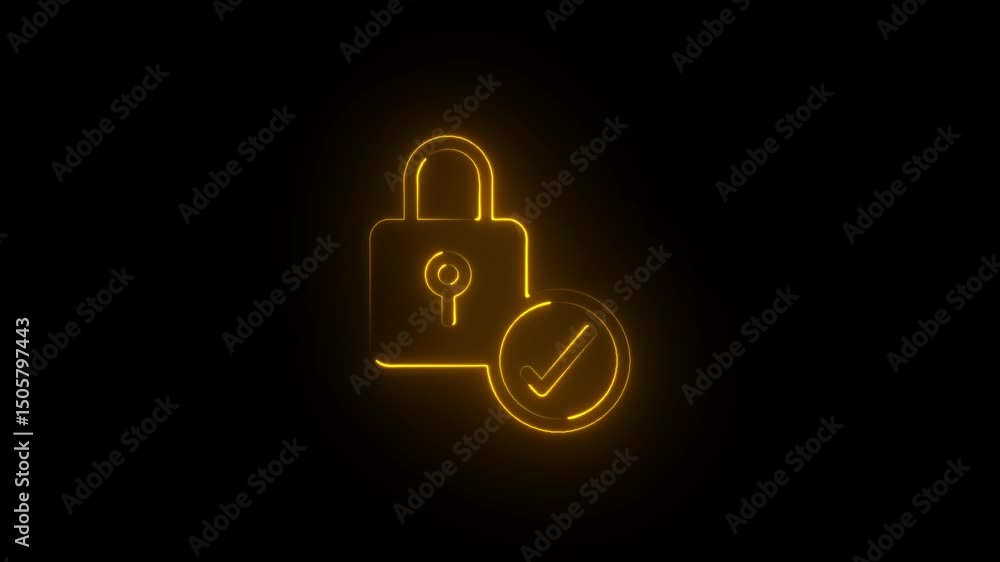Poster glowing neon lock and shield icon isolated . lock with check mark icon animation , neon sign .securi