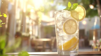 Refreshing lemonade in a tall glass with ice and lemon slices, garnished with mint, on a sunny outdoor patio.