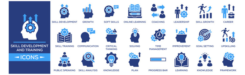 Skill Development and Training icon set. Containing design Skill Development, Personal Growth, Soft Skills, Online Learning, Coaching. Solid icon collection.