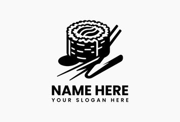 Elegant black and white vector graphic of a sushi roll with chopsticks for food industry designs  