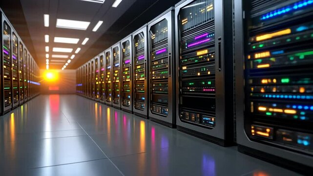 Illuminated server room with rows of high-tech equipment