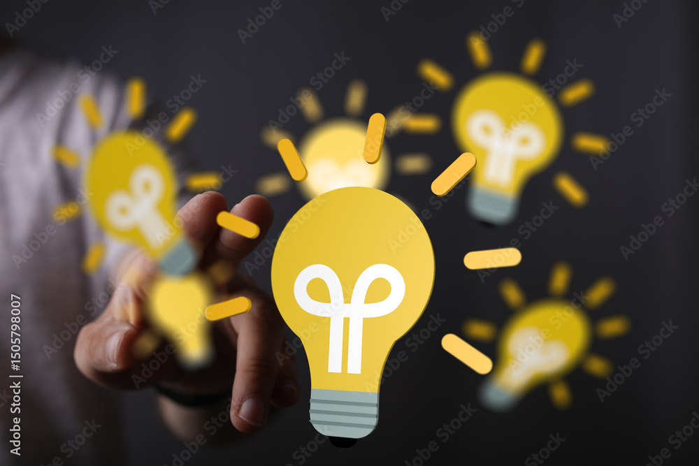 Poster hand interacting with glowing lightbulbs,concepts of innovation, creativity, and problem-solving.