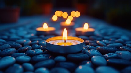 Calm, flickering candlelight on stones