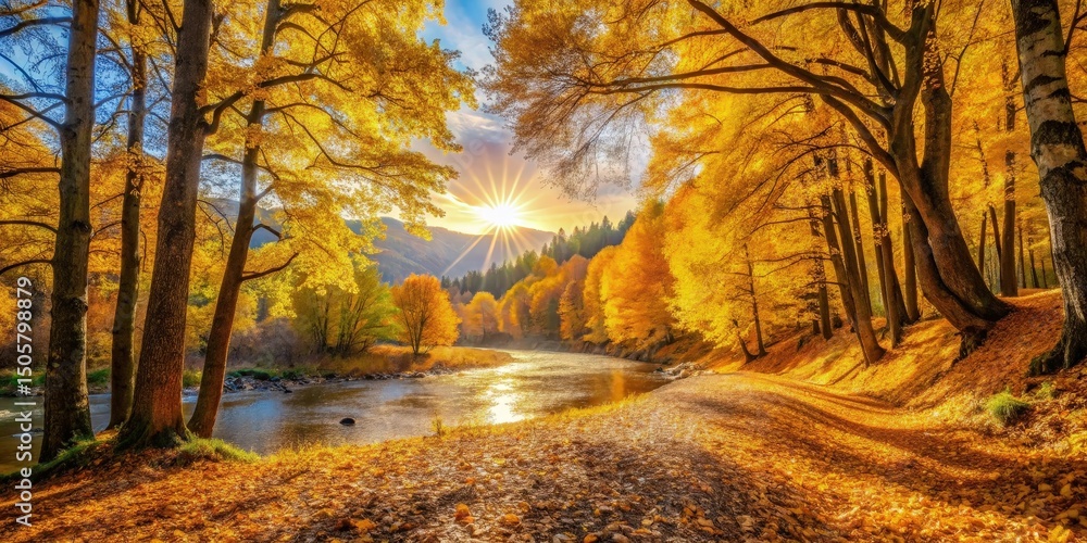 Poster golden canopy over a winding river path, sunlight filters through the branches, illuminating the aut