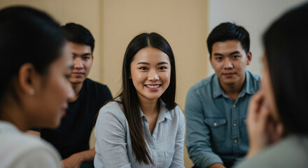 Group of young adults engaging in casual conversation in a bright indoor setting