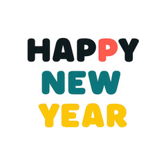 Colorful Happy New Year text in bold letters on transparent background, conveying festive and cheerful mood