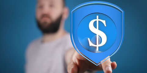 Image of a man's hand interacting with a digital dollar sign shield, symbolizing financial security...