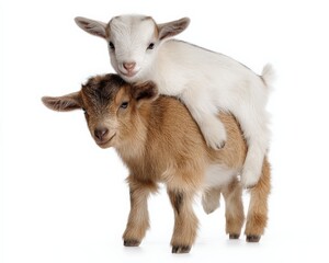 Naklejka premium Two adorable baby goats, one riding on the other's back, against a white background.