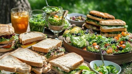 Abundant picnic spread with sandwiches, salads, and iced tea.