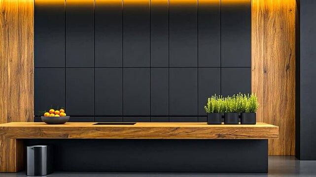 Modern Minimalist Reception Desk Design: Black and Wood Interior