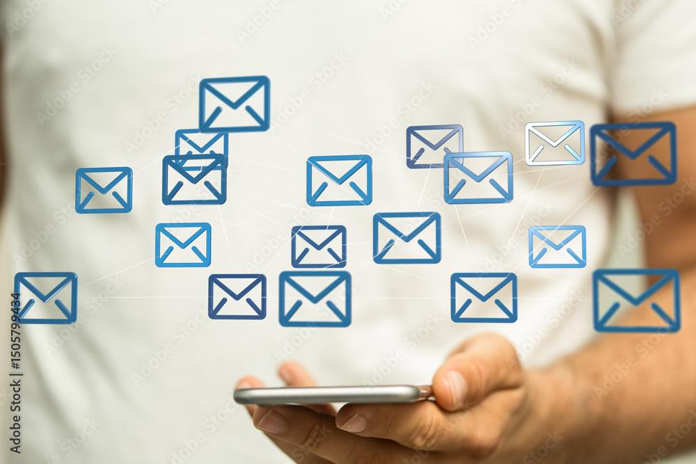 Aufkleber Stock photo of a person using a smartphone, showing a network of email icons. Perfect for communication, technology, and connection concepts.