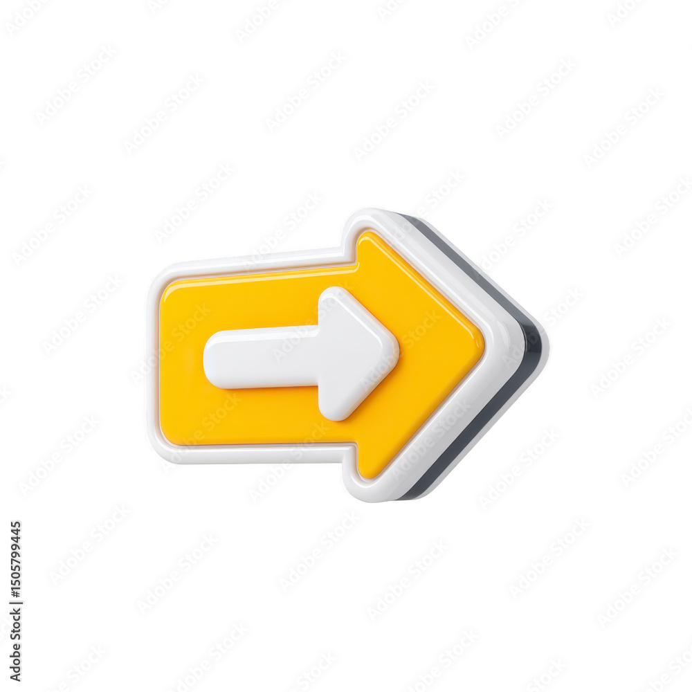 Poster 3d yellow arrow icon with white border pointing to right, symbolizing direction or navigation. desig