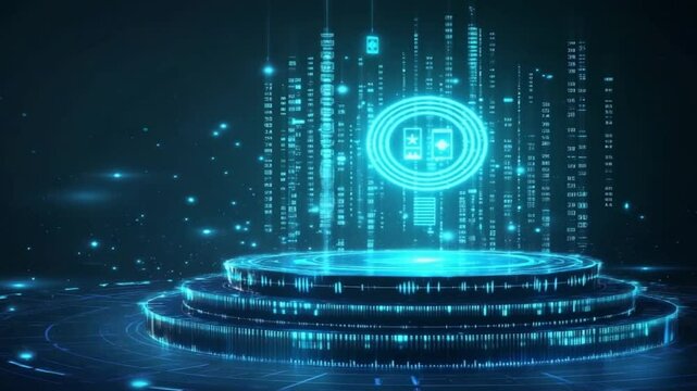 Animation video Abstract blue binary code streams across the background, creating a modern digital data pattern.