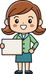 Cartoon teacher woman holding paper sign