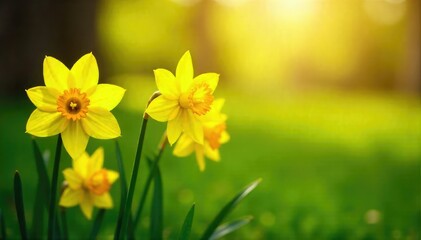 Obraz premium Vibrant yellow daffodils blooming in a lush green field, bathed in the warm spring sunlight Perfect for spring themes, Easter, and nature imagery , plants, field, daffodils