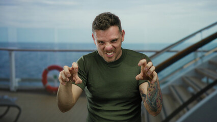 Fototapeta premium Young man on a seaside cruise showing animated expressions with tattoos on arms, wearing a green shirt, capturing a playful moment against the ocean backdrop.