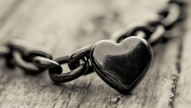 Heart Connected to Chain on Wooden Surface in Sepia Tone - Powered by Adobe