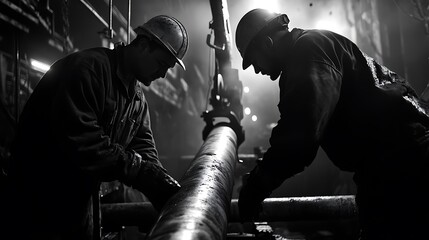 Fototapeta premium Workers Inspecting Large Pipe in Industrial Setting