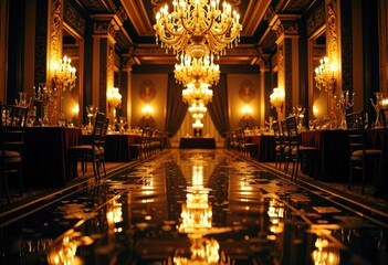 Obraz premium Elegant dining room with chandeliers and reflective floor in warm lighting