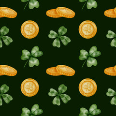 Hand drawn watercolor clovers and horseshoes pattern . Green shamrocks and golden lucky symbols create a festive seamless ornament. Perfect for textiles, wallpapers, packaging, scrapbooking