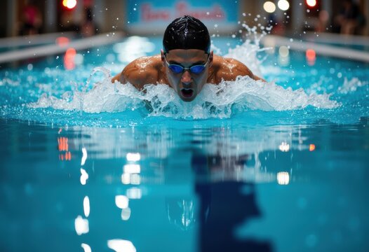Male swimmer with goggles performing a butterfly stroke in a competitive swimming pool
